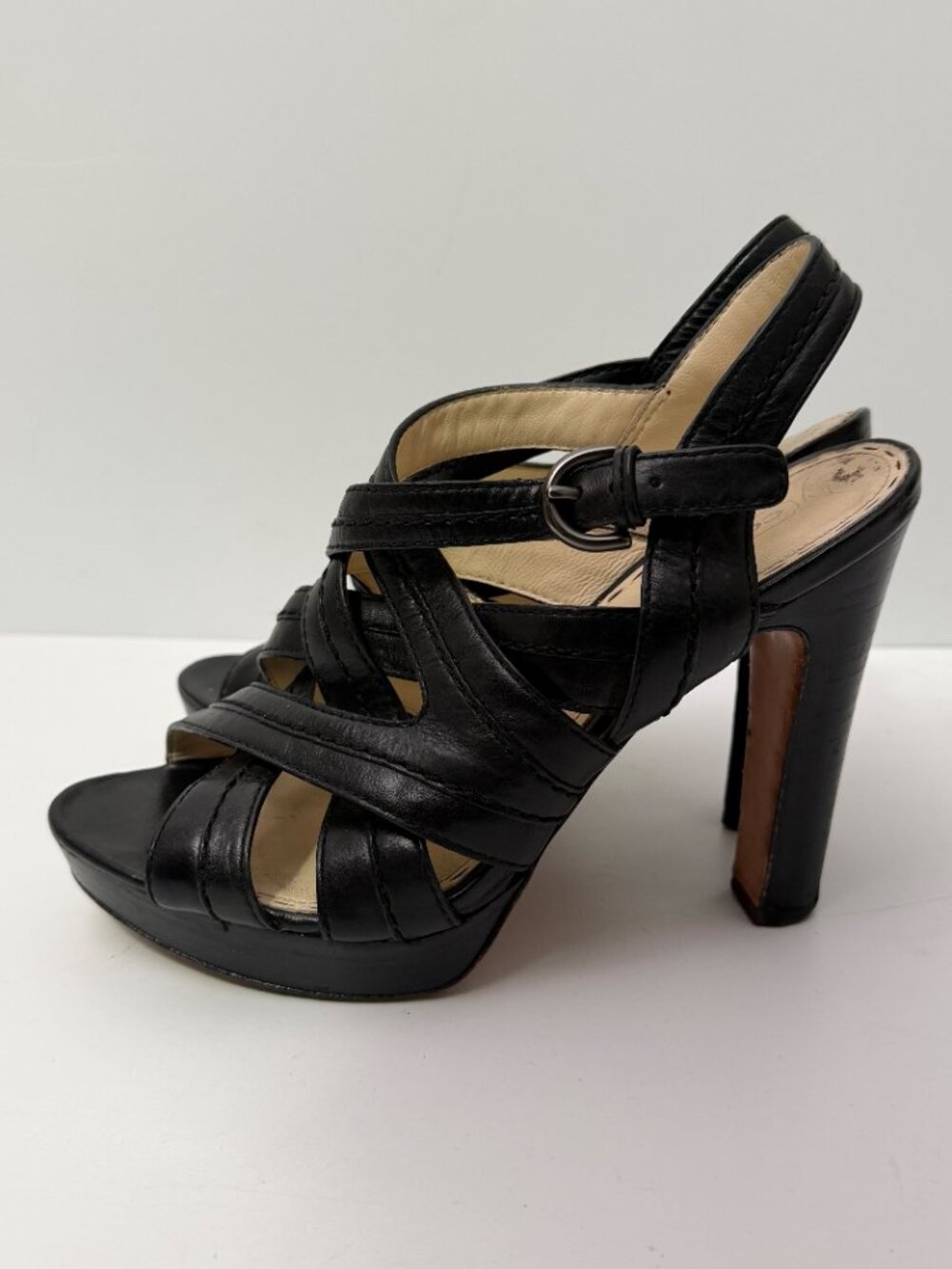 COACH Strappy Platform Gage Heels Black Leather Open Toe Ankle Strap Sz 9